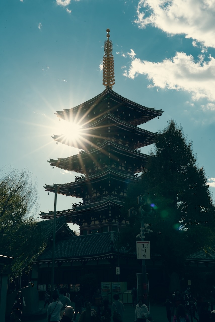 Pagoda at Asakusa with sun star behind